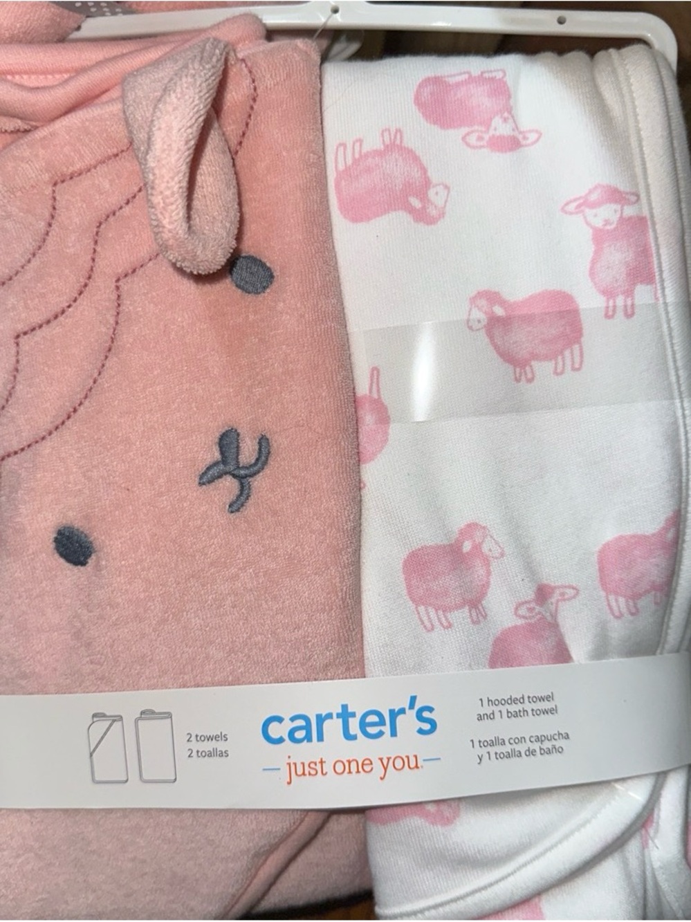 Carter's Pink Hooded Towel and White Sheep Print Bath Towel Set